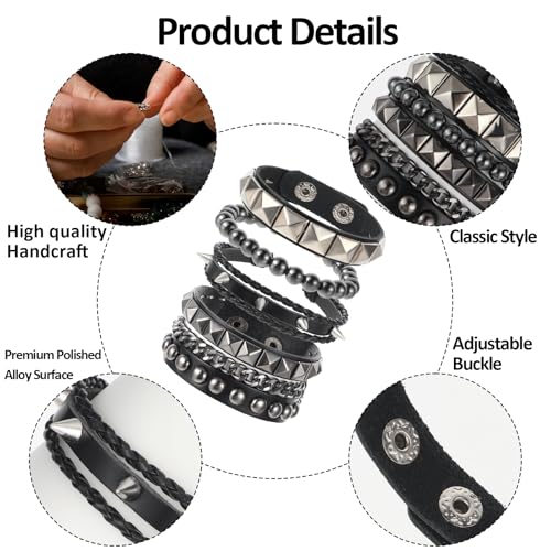 4 Pcs Leather Rock Studded Bracelets, Punk PU Leather Spike Bracelet for Men Women, Leather Cuff Bracelet 80s Wristband Set Adjustable Emo Punk Accessories Grunge Bracelet for Men Women3