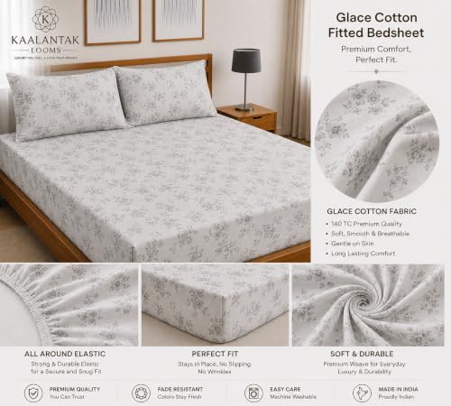 Image of Fitted Bedsheet Light Grey Vintage Floral Print Glace Cotton 210 TC | Single Size for Single Bed Fits 3 x 6.25 ft Mattress (36 x 75 Inch) | All Around Elastic | 2 Pillow Cover | 7 Inch Deep Pocket