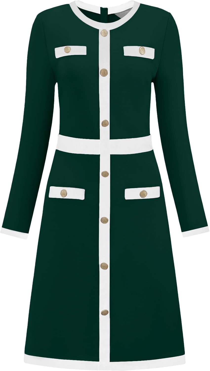 Women's Work Dress 2025 A-Line Long Sleeve Color Block Dresses