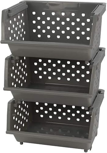 Cesta organizadora apilable de plástico gris, cesta de almacenamiento apilable, juego de 3