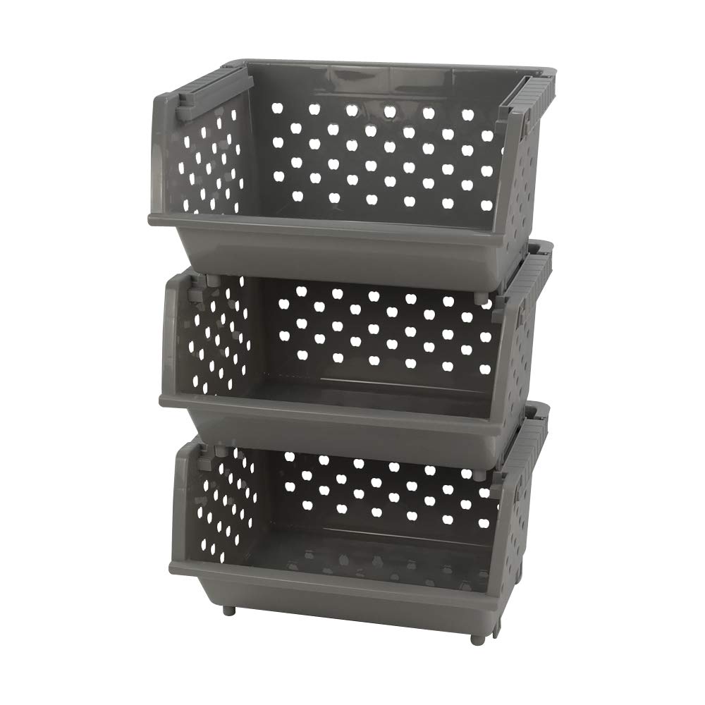 Callyne Gray Plastic Stacking Organizer Basket, Stackable Storage Basket, Set of 3
