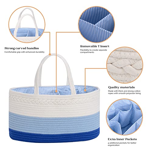 Image of luxury little Diaper Caddy Organizer, Large Cotton Rope Nursery Baby Basket, Changing Table Organizer for Baby Diaper Storage, Portable Car Organizer Removable Divider (Blue, Extra Large)