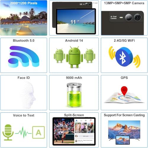 Image of 2026 11 inch Android Tablet with Gemini AI, 2-in-1 Tablet with Keyboard and Pen, 18GB RAM 128GB ROM 1TB Expand, 2K Display Octa-Core, 13MP Camera 9000mAh Battery, GPS Face ID, Quad Speakers