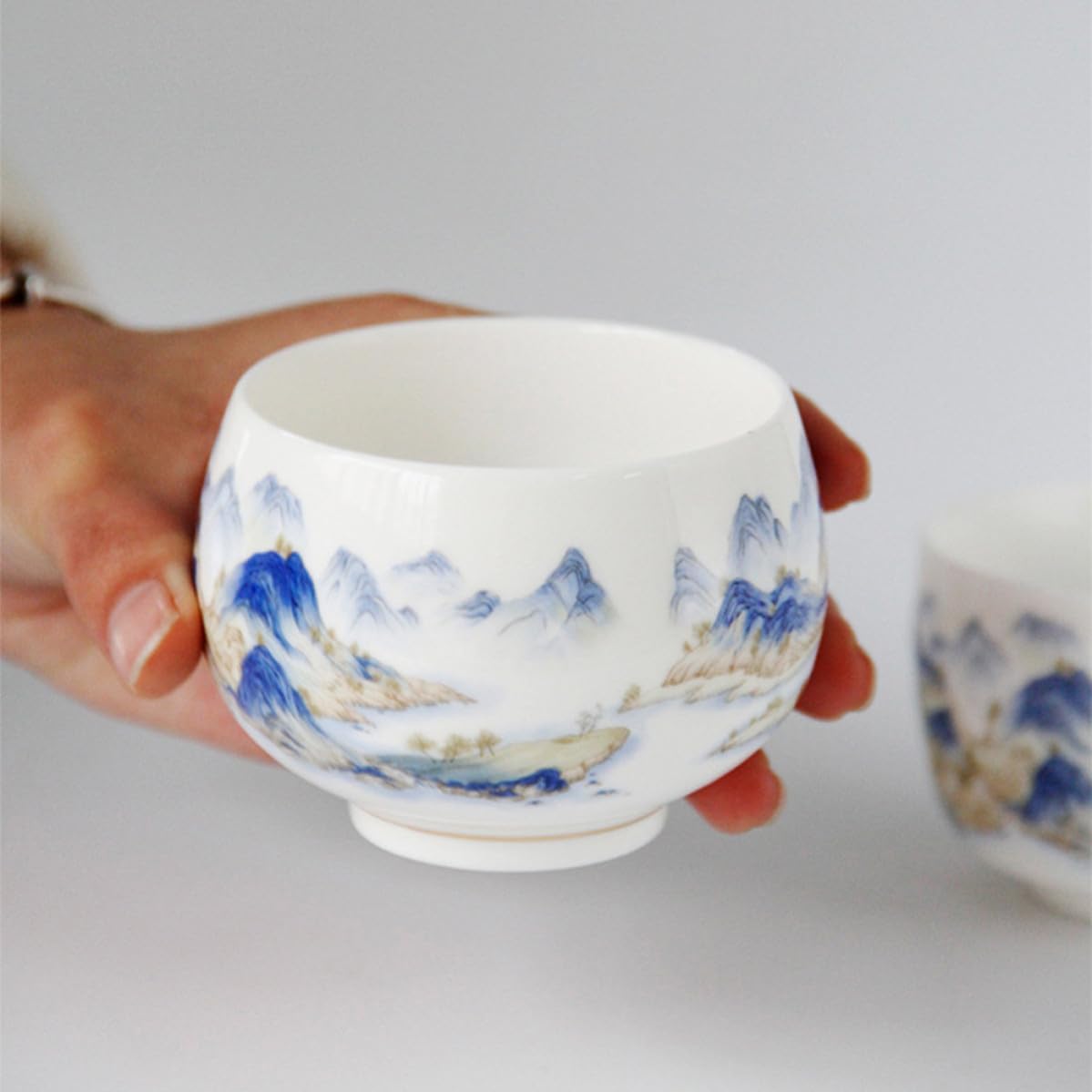 Zerodeko Hand Drawn Ceramic Tea Cup with Landscape Pattern, Vintage