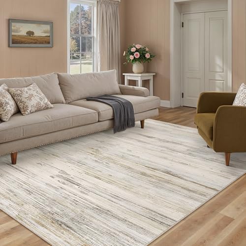 PureCozy Teppich Wohnzimmer 120x170cm Beige Waschbar Groß Carpet | Modern Abstrakter Teppich, Rutschfest, Waschbarer Weich, für Eingangsbereich, Küche, Bettvorleger
