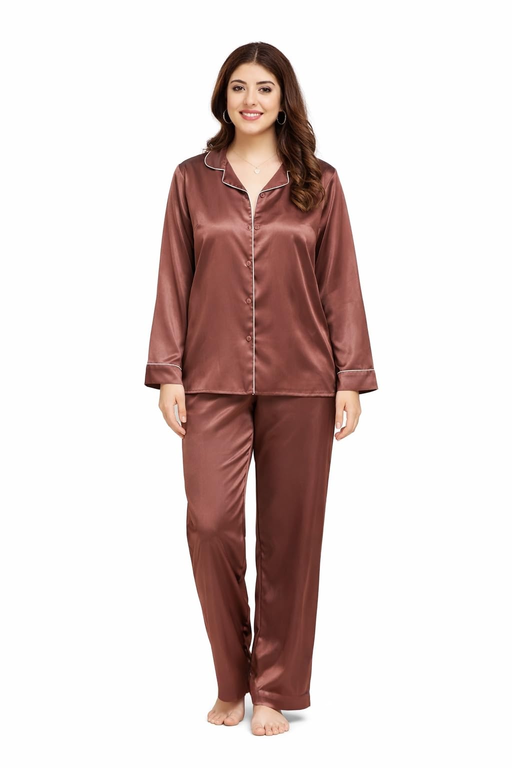 Women's Premium Soft Silk-Feel Satin Nightsuit, Coffee Brown-image-45