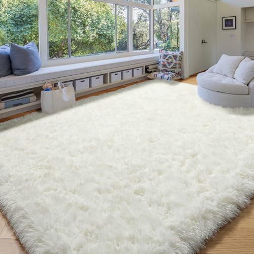 Amdrebio Ivory Rugs for Living Room Bedroom, 6x9 Soft Fluffy Area Rug for Kids Nursery, Furry Fuzzy Plush Shaggy Cream White Carpet for Classroom Playroom Home Decor, Cute Modern Thick Neutral Rug