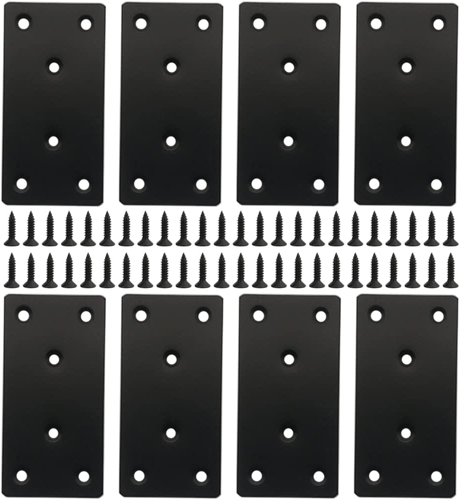 8 Pcs Black Flat Mending Plate Stainless Steel Flat Bracket 3.14 x 1.57 inch Metal Straight Bracket Repair Joining Fixing Mending Brace for Wood, with Screws