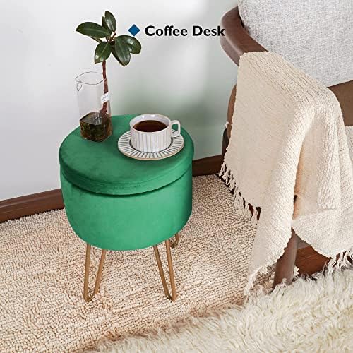 BONTEC Velvet Dressing Table Stool, Round Vanity Stool with Storange, Bedroom Ottoman Stool with Metal Legs for Home Living Room Fitting Room Bedroom (Green)
