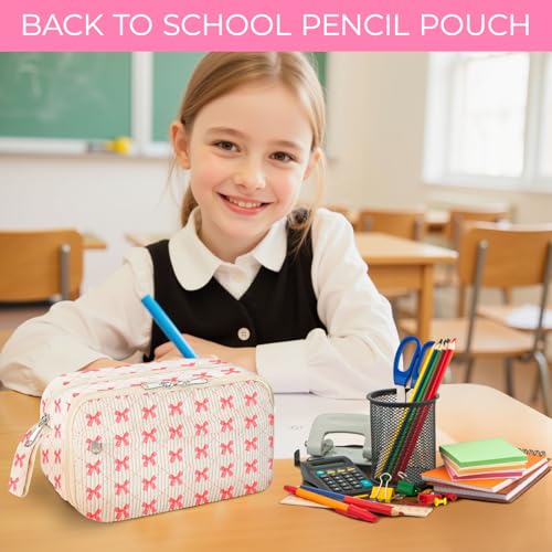 Image of WOBAGMEN Cute Pencil Case,Large Corduroy Zippered Pencil Case Pouch, aesthetic Pencil Bag with Compartments, Pencil Pouch School Supplies (HY-corduroy pc-pink bow)