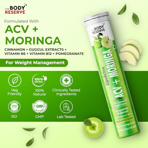 Image of The Body Reserve ACV Moringa Effervescent Tablets - Apple Cider Vinegar, Cinnamon, Moringa, Pomegranate | Supports Metabolism, Cravings, Digestion & Immunity | Green Apple Flavor | Pack of 4 (60 Tablets)
