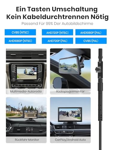 AUTO-VOX Rückfahrkamera:6 Systeme auf Knopfdruck,180° Weitwinkel,Keine Fischaugenoptik,OEM Look für Verdeckten Einbau,1080P HD-Bild,IP69K Wasserdicht Rückfahrkamera für Auto,SUV und Pkw