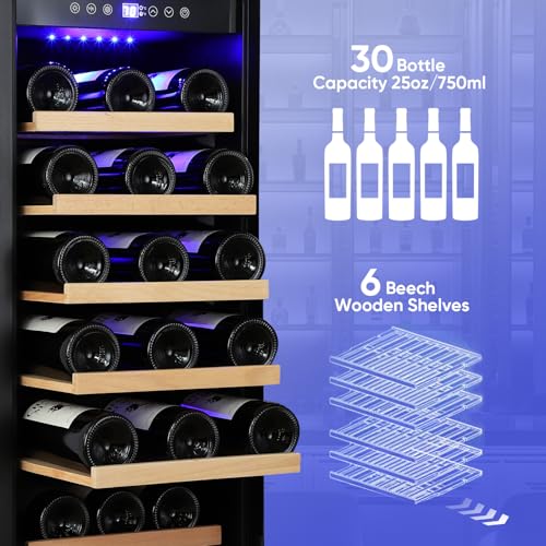 Image of ORYMUSE 15 Inch Wine Cooler Under Counter, 30 Bottle Wine Fridge with Stainless Steel Glass Door, Built-In or Freestanding Wine Cellar with Removable Shelves and Digital Temperature Control