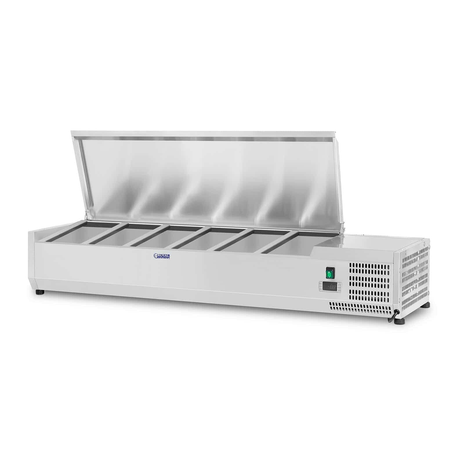 Royal Catering Vetrina Refrigerata RCKV-140/33-6S (140 x 33 cm, 40 L, 6 x contenitori GN 1/4, 2-10 °C, 110 W, R600a, Termostato, Coperchio in acciaio inox)