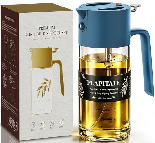 PLAPITATE 17oz/500ml Premium Olive Oil Sprayer for Cooking, 2 in 1 Glass Olive Oil Dispenser Bottle for Kitchen Gadgets, Spray Bottle with Portion Control for Salad, Frying, BBQ (Blue)