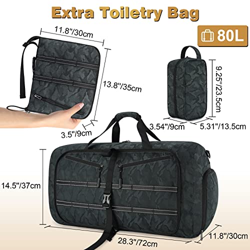 Travel Duffel Bag for Men Women 80L Waterproof Overnight Weekender Bags Foldable Sports Gym Duffle Bag with Shoes Compartment and Toiletry Bag Black