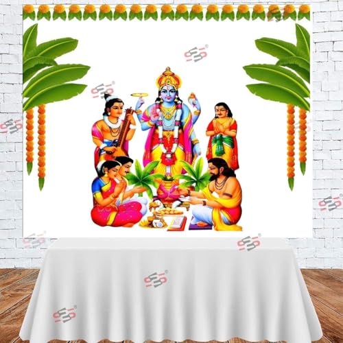 Image of S2S Traditional Satyanarayana Backdrop Decoration Cloth | for Pooja Decoration Background Curtain Cloth | for All Festivals /House Hold Functions /Ceremonies - (5 x 5 Feet) (SATYA Narayana)