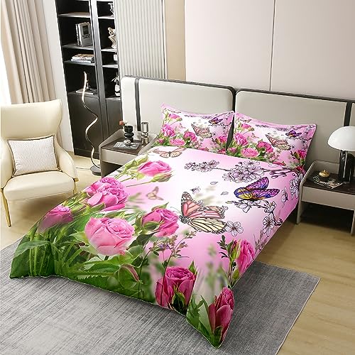 100% Cotton Rose Flowers Comforter Cover Butterfly Garden Bedding Sets for Girls Women Spring Floral Fresh Nature Duvet Cover Blooming Rose Pastel Bedspreads Cover with 2 Pillow Cases Double Colorful - Image 3
