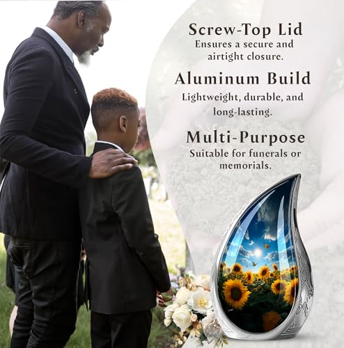 Image of Teardrop Butterfly with Sunflower Urn for Human Ashes - Funeral Urns for Human Ashes Adult - Large Sunflower Urns for Adult Man and Women - Cremation Decorative Urn for Mom and Dad 10inch