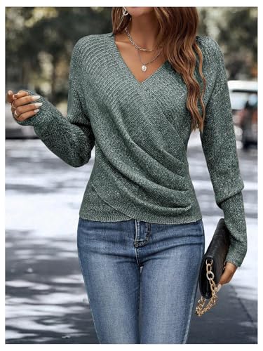 Image of SOLY HUX Women's V Neck Long Sleeve Off Shoulder Sweaters Criss Cross Wrap Ruched Pullover Fall Tops