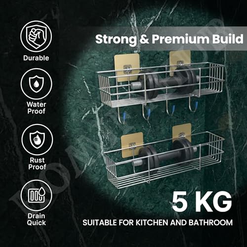 Image of SS304 Stainless Steel 4 Pcs Bathroom Organiser Without Drill | Self Adhesive No Drill Kitchen Bathroom Accessories Rustproof Waterproof | 4 Pcs Set: Wall Shelf, Soap Holder, Toothbrush Stand
