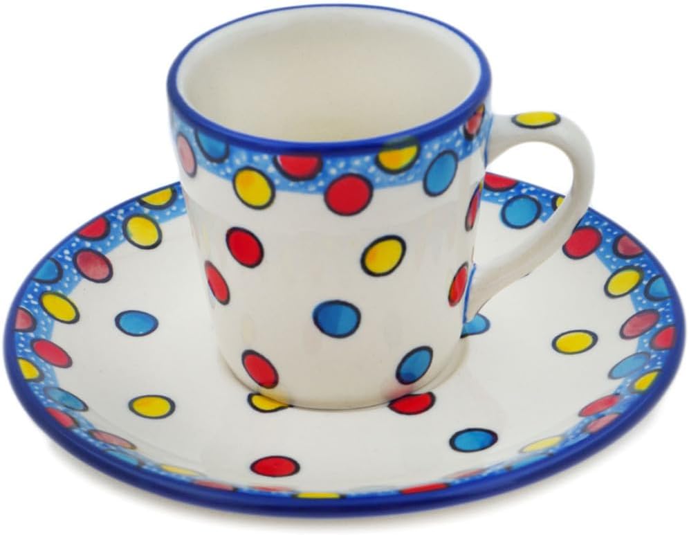 Polmedia Polish Pottery Cup with Saucer UNIKAT - Gumball Machine Pattern Handmade in Boleslawiec Poland by Ceramika Artystyczna + Certificate of Authenticity