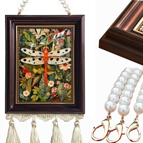 9x7 Inch Vintage Framed Dragonfly Jungle Wall Art Hanging Decor Pearl Chain Tassel Oil Painting Retro Resin Frame Botanical Aesthetic Decoration