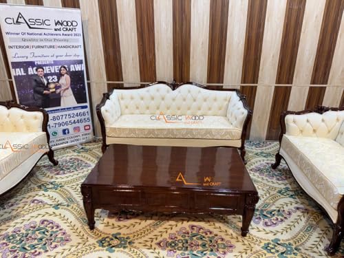Image of Classic Wood and Craft 3+2+2+1+1 Royal Hand-Carved Teak Wood Sofa Set 9 Seater with Center Table Cream Tufted Upholstery & Dark Walnut Finish Antique Living Room Furniture for Luxury Home Decor