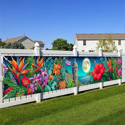 HOMETITUTE 118x20 inch Puerto Rico Banner Tropical Hibiscus Flower Full Moon Caribbean Fortress with Puerto Rican Flag Island Festival Backdrop Outdoor Fence Porch Wall Decoration
