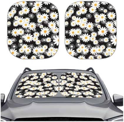 Zpana Car Daisy Flower Windshield Sun Shade, 2PCS Foldable Reflective Automotive Front Windscreen Shade Blocks Heat UV Rays, Elegant Window Sun Visor Protector, Universal for Vehicles