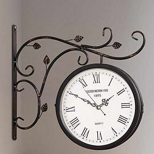 Horloge murale double face rétro en fer forgé avec support métal doré - 2