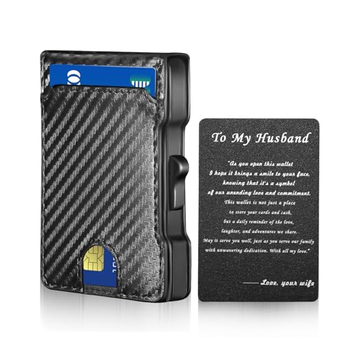 Slim Wallet for Men with Carbon Fiber Leather RFID Blocking - Minimalist Pop Up Metal Money Clip Card Holder for Credit & Cash (To my Husband)