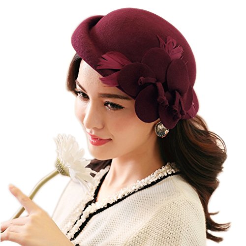 YSJOY Vintage 100% Wool Double Blossom Flower Fall Winter Hat Fascinator Derby Hat Church Tea Party Hair Accessory Beret Caps Crimping Stewardess Hat Wine Red
