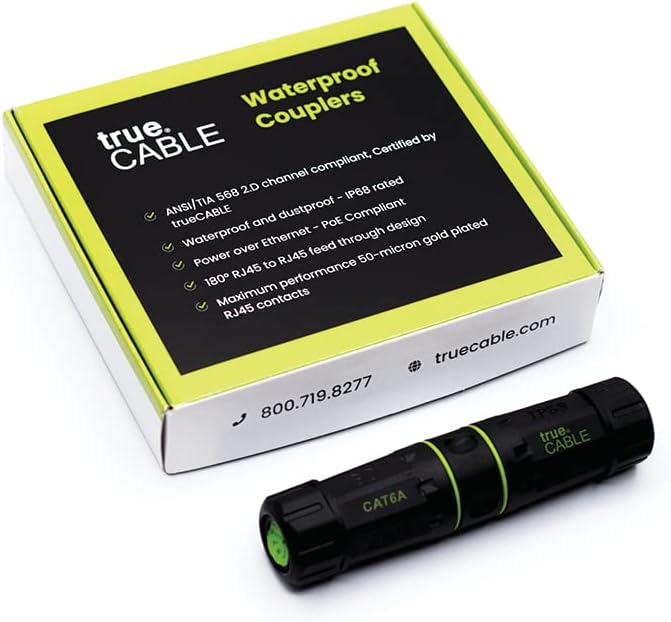 trueCABLE Cat6A Waterproof Inline Coupler, Shielded (STP), IP68 Rated, PoE++ (4PPoE), ANSI/TIA 568-2.D Cat6A Channel Compliant, Female to Female RJ45 Couplers, 5 Pack