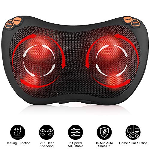 Cojín Masajeador Eléctrico, Almohada Masajeadora con 3 Velocidades, 4 Bolas de Masaje, Función de Calor, para Relajar Espalda y el Cuello con Cargador Normal/Coche para Casa/Coche/Oficina