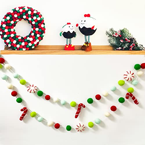Image of Christmas Felt Ball Garland - Peppermints Candy Cane Pom Pom Garland, Hand-Made from Natural Wool - Cute Hanging Decor for Christmas Tree, Kids Bedroom, Living Room, Nursery Decoration- 6.56 Feet Long