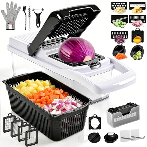 ganfner Cortador de legumes mandolina, cortador de vegetais para alimentos, ralador de queijo, cortador de cebola e legumes com recipiente, cortador de fatiador, utensílios de cozinha e essenciais