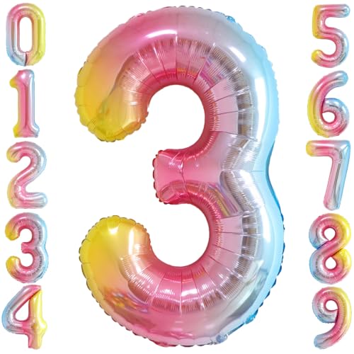 Image of Rainbow Gradient Number 3 Balloon 40 Inch Big Large Balloons 0-9 | 3rd Helium Foil Mylar Number Balloons for Birthday Anniversary Party Decorations