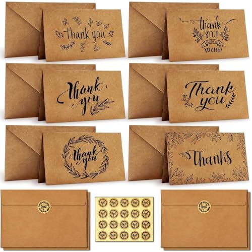 Premify 36 Pack Thank You Cards 6 Design Kraft Paper Cards with Envelopes | Note Card & Stickers Blank Inside for Thank U Greeting Graduation Wedding Baby Shower Birthday Party (4 x 6 In)