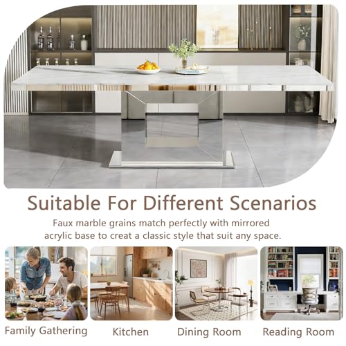 Image of Modern 63 inch-94 inch Rectangular White Faux Marble Extendable Dining Table for 6-10, Luxury Rectangular Dining Room Table, Kitchen Dinner Tables with Marble Veining Tabletop & Mirror Acrylic Base