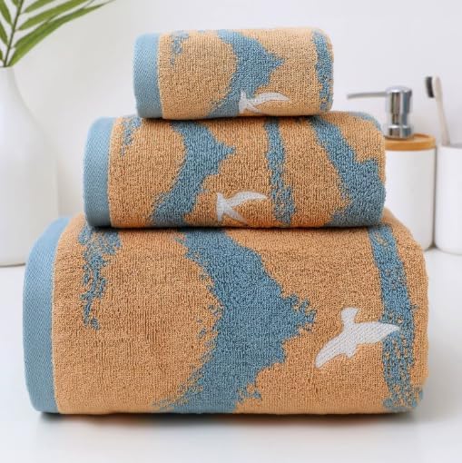 ABREEZE Dove Embroidered Mountain Towel Set,3 Pieces,Cotton Portable Absorbent Valentine's Father's Day Mother's Day,Oriange(1 Bath Towel,1 Hand Towel and 1 Square Towel)