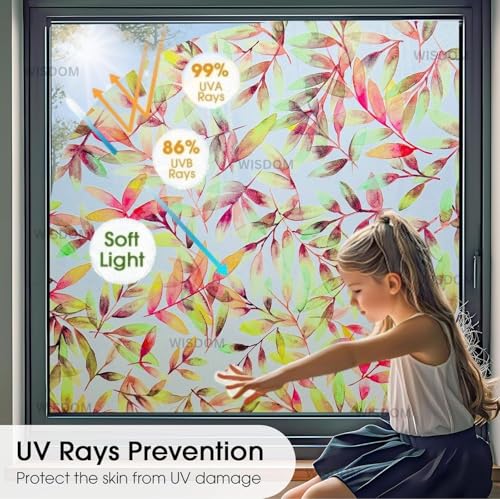 Image of WISDOM Premium Frosted Glass Window Film Self Adhesive Decorative Glass Window Privacy Sheet Film UV Control Removable Vinyl Privacy Film (Rown Leaves, 12x36 Inch)