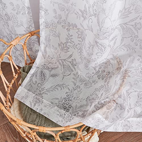 Vangao Farmhouse Sheer Curtains Grey Floral Printed 84 Inches Long 2 Panels Set for Living Room Bedroom Vintage Voile Rod Pocket Window Drapes - Thumbnail 4