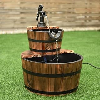 2-Tier Rustic Barrel Water Fountain, Solid Fir Wood Outdoor Fountain wit...