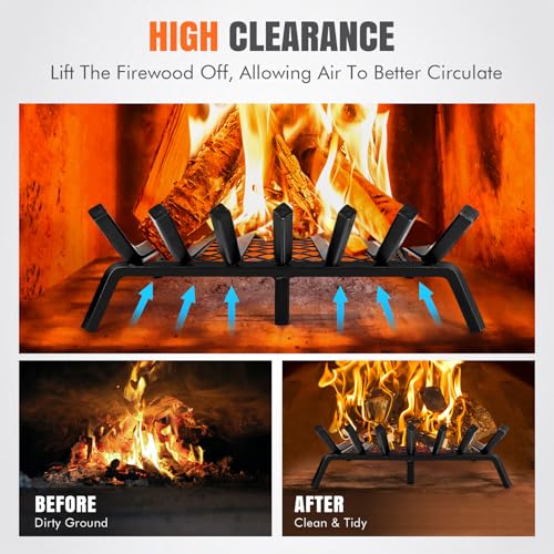 INNO STAGE Fireplace Grates with Ember Retainer - 24 Inch Fireplace Log Grate, Wood Stove Grate, Firewood Wood Log Holder Rack,Inside Wrought Cast Iron Fire Grate for Hearth Indoor Outdoor Camping