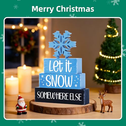 Image of 4 Pcs Christmas Wooden Tiered Tray Decor, Snowflake Christmas Decorations Gifts for Home, Winter Table Centerpiece for Xmas Party Kitchen Office