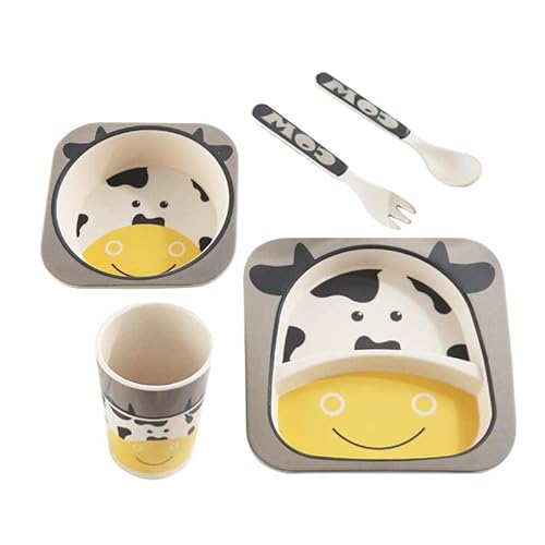 Thoneed Bamboo Kids Plate And Bowl Set | Matching Dishes For Toddlers Ages 1+ | 5 Piece Divided Dinnerware Set Includes Plate, Bowl, Cup & Utensils | Reusable, Bpa Free & Dishwasher Safe (Cow) #TOP6