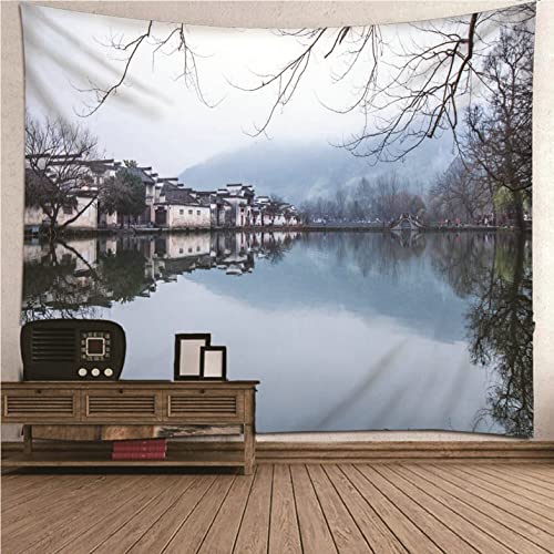 Tapisserie salon Isdreem photo murale Lake House Mountain tissu blanc vert 260x240cm