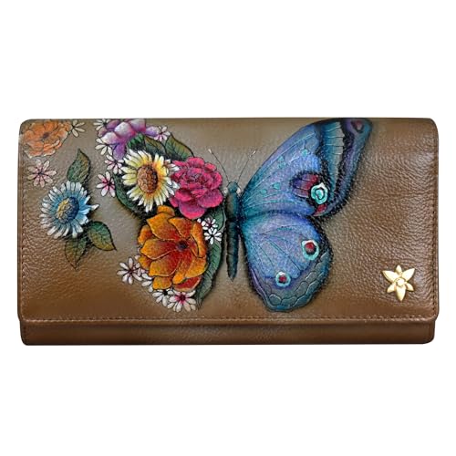 Anuschka Women’s Hand-Painted Genuine Leather RFID Blocking Three Fold Wallet - Butterfly Blooms Bronze