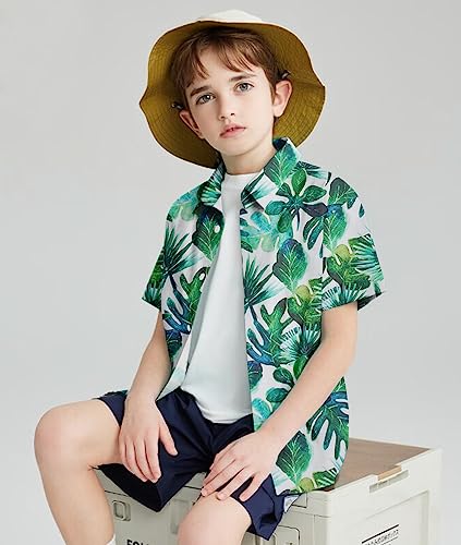 Boy Hawaiian Tropical T Shirts Size 7 Green Leaves Comfortable Hawaiian Summer Button Down Shirt Fashion Silky Tropical Themed Tops Garment For Boys 6-7 Years #TOP4